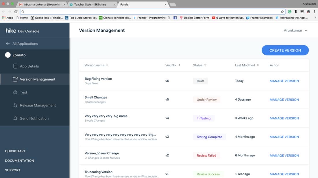 Version management list — every version and its state, filterable
