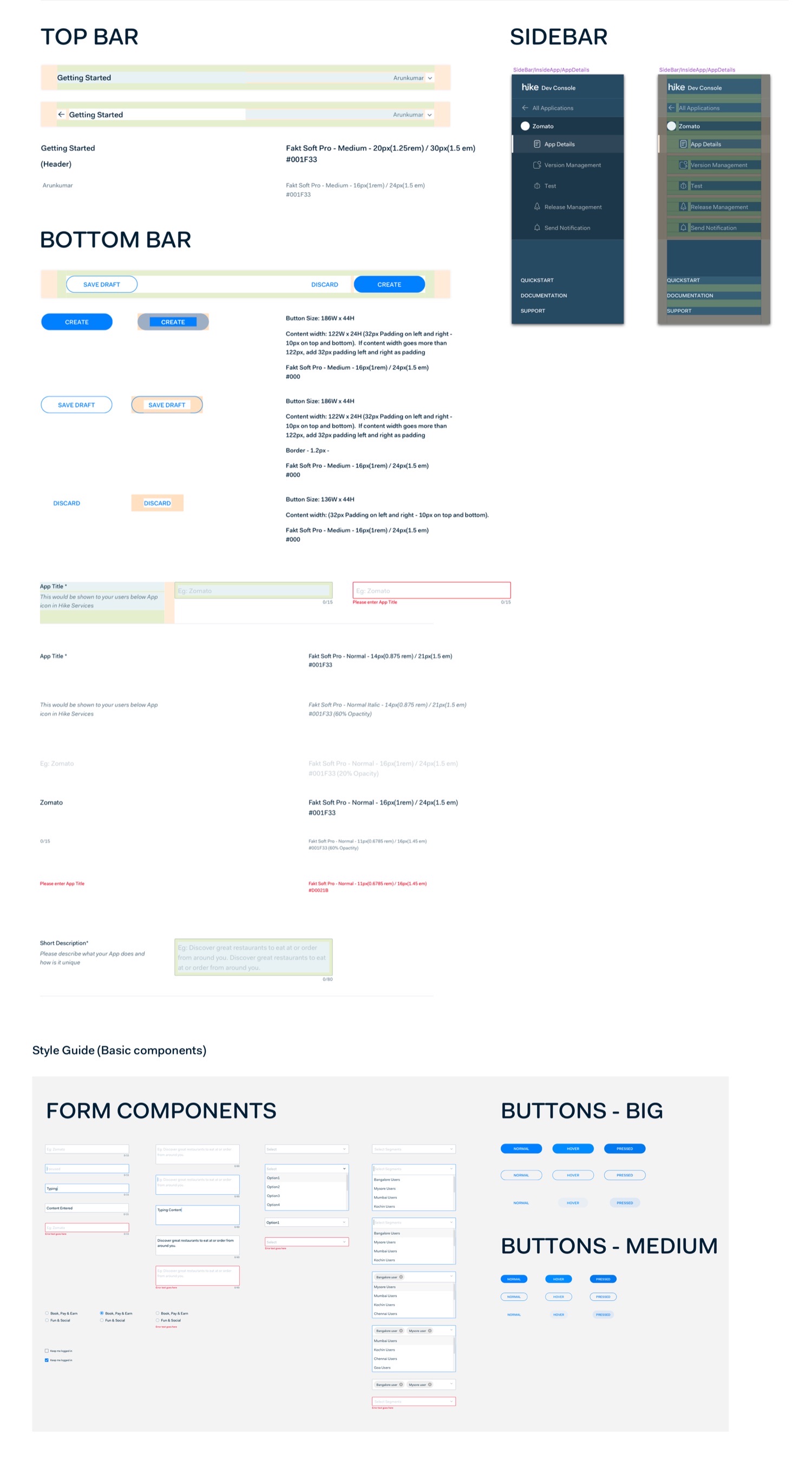 Hike Developer Console design system — components, type scale, colours and UI screens